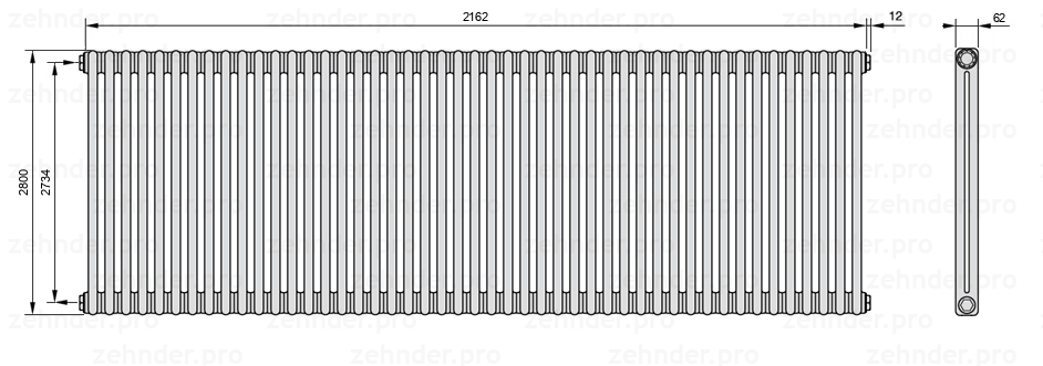 Схема (чертеж) Радиатор Zehnder Charleston 2280/47 №1270 Белый глянцевый RAL 9016